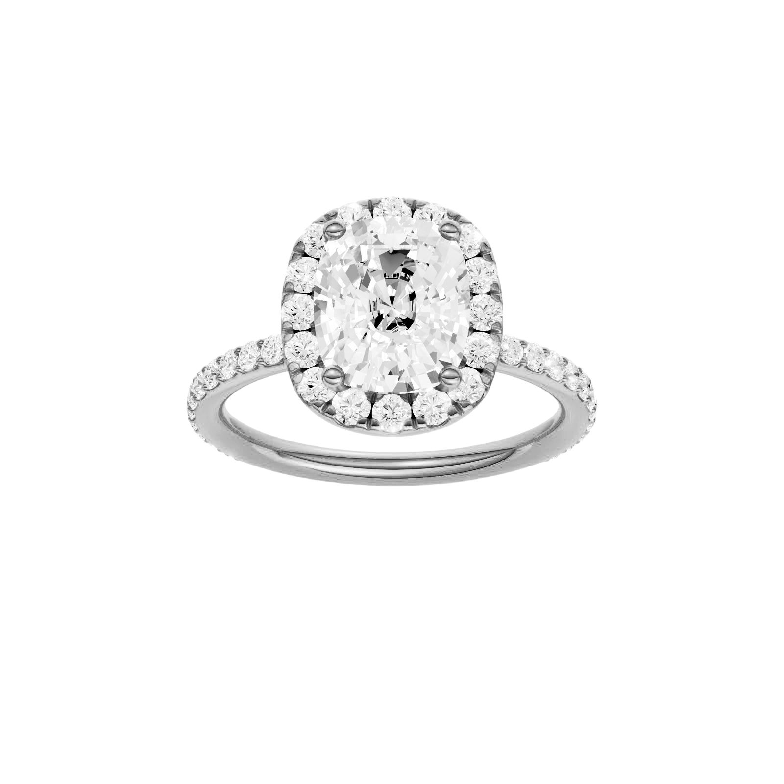 Elongated cushion-cut diamond engagement ring with a prong-set diamond band and halo setting.