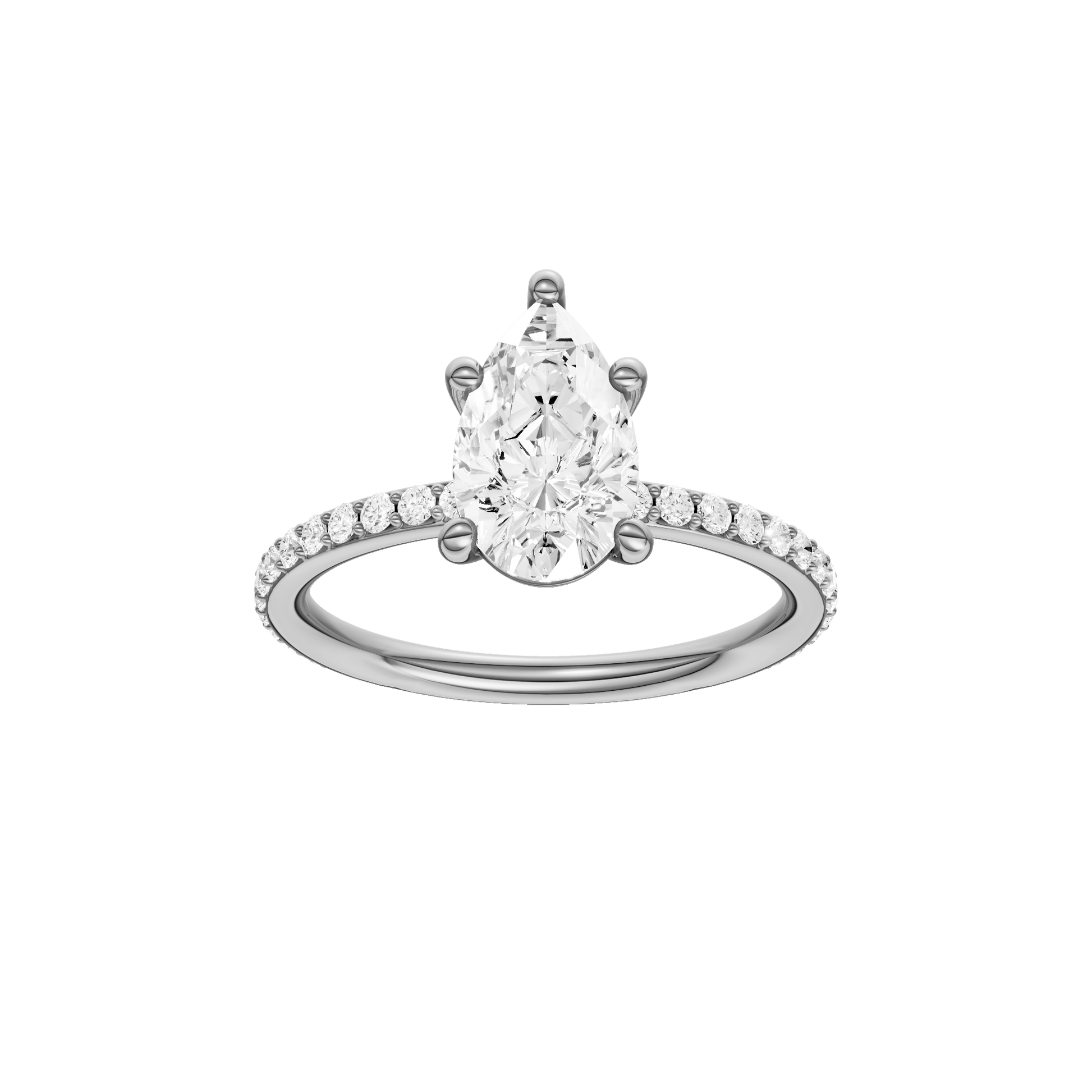 Pear-cut diamond engagement ring with a prong-set diamond band and solitaire setting.
