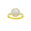 Round-cut diamond engagement ring with a channel-set diamond band and halo setting.