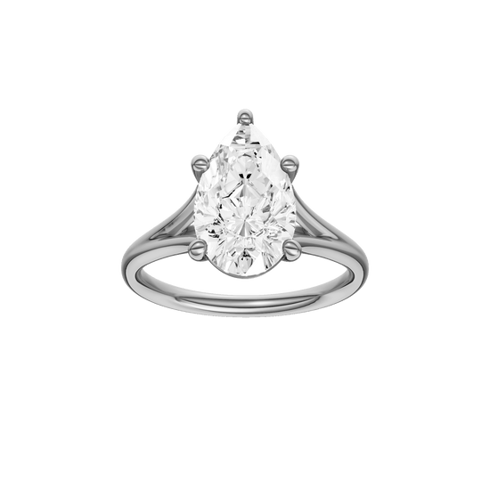 Pear-cut diamond engagement ring with a plain band and solitaire setting.