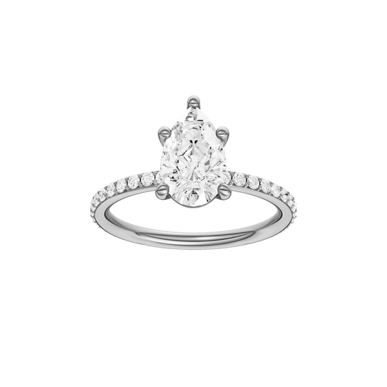 Pear-cut diamond engagement ring with a prong-set diamond band and solitaire setting.