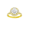 Round-cut diamond engagement ring with a channel-set diamond band and halo setting.