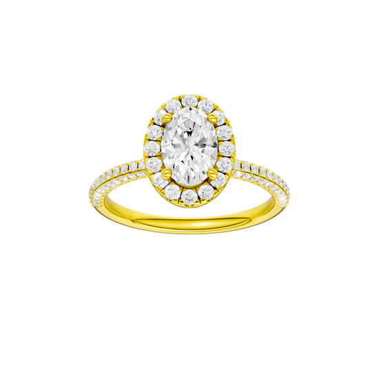 Oval-cut diamond engagement ring with a pavé-set diamond band and halo setting.