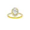 Oval-cut diamond engagement ring with a pavé-set diamond band and halo setting.
