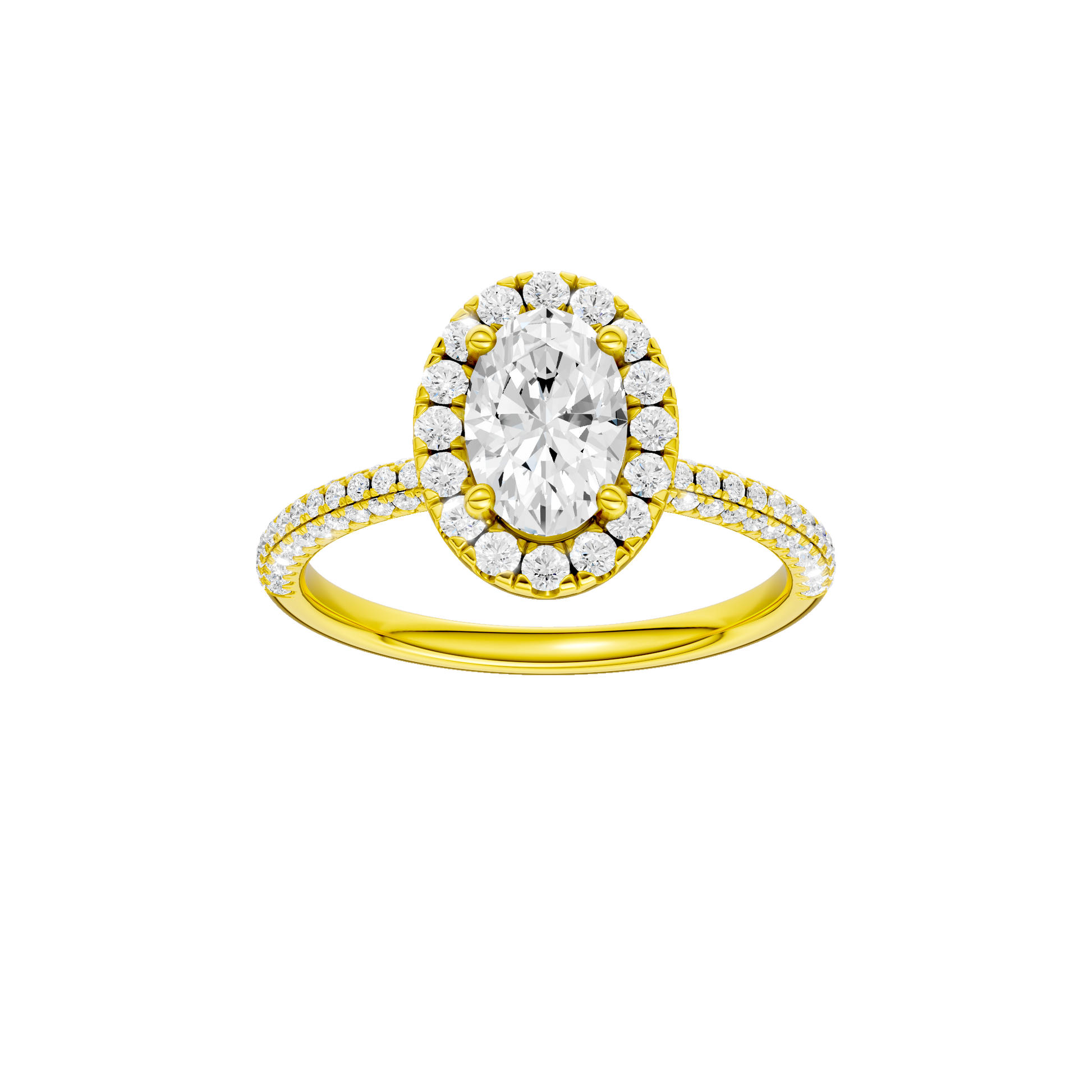 Oval-cut diamond engagement ring with a pavé-set diamond band and halo setting.
