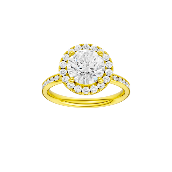 Round-cut diamond engagement ring with a channel-set diamond band and halo setting.