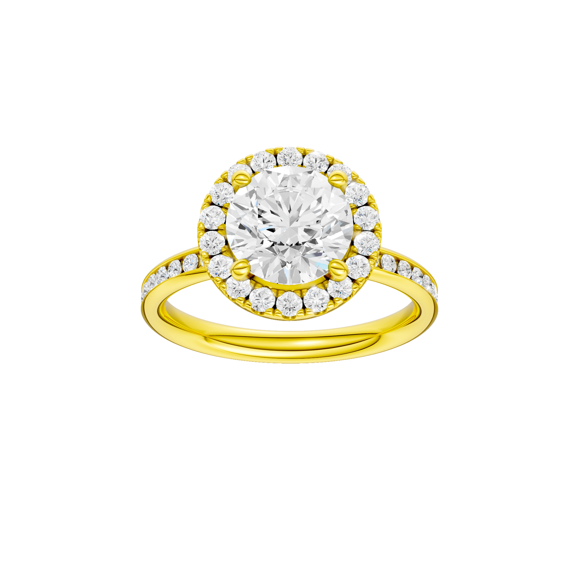 Round-cut diamond engagement ring with a channel-set diamond band and halo setting.