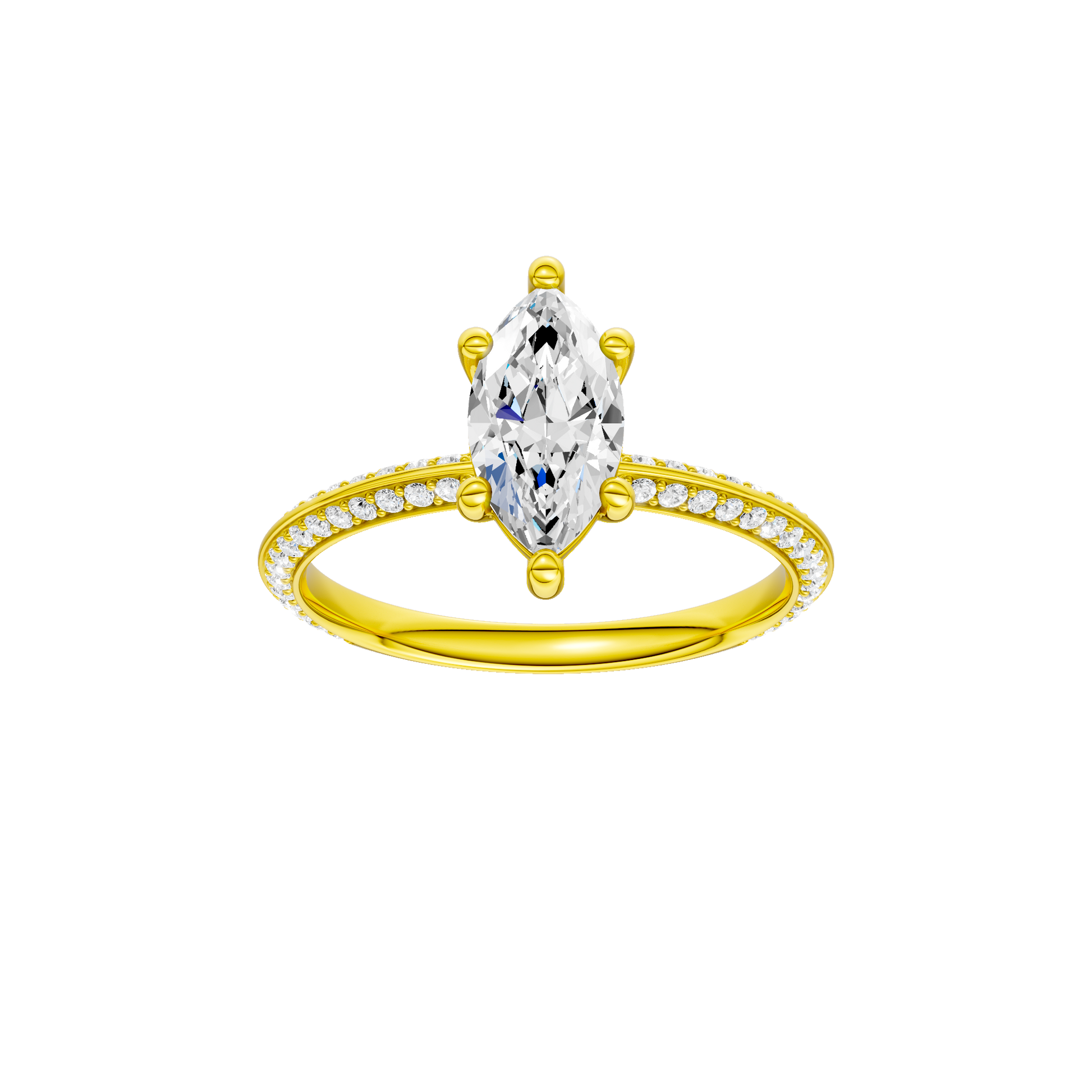 Marquise-cut diamond engagement ring with a prong-set diamond band and solitaire setting.