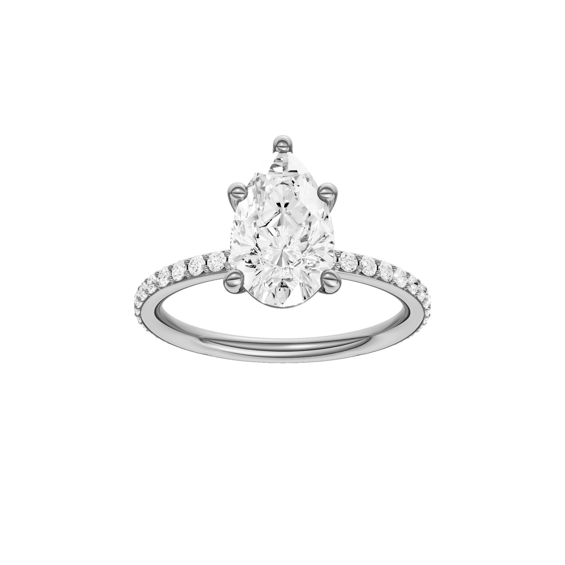 Pear-cut diamond engagement ring with a prong-set diamond band and solitaire setting.
