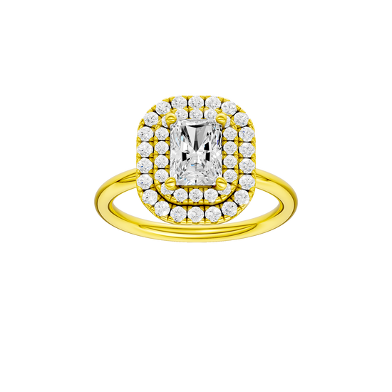 Radiant-cut diamond engagement ring with a plain band and double-halo setting.