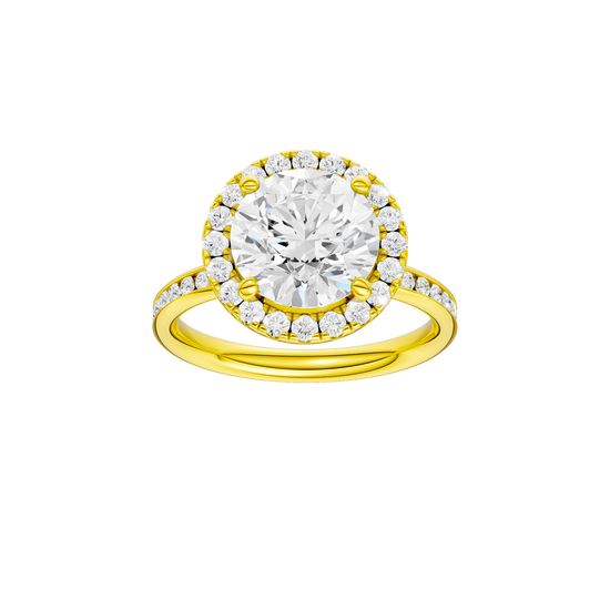 Round-cut diamond engagement ring with a channel-set diamond band and halo setting.