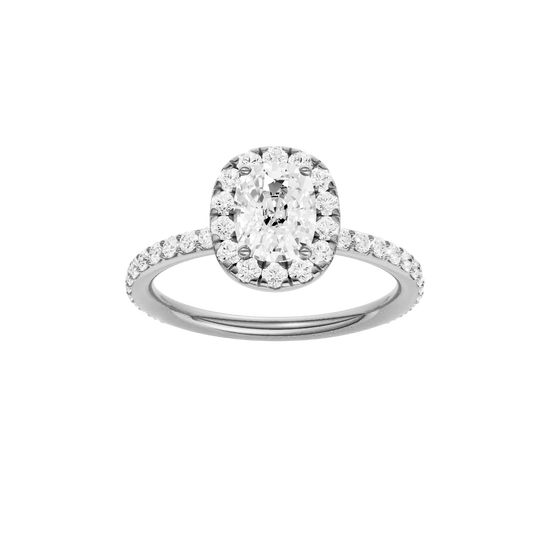Elongated cushion-cut diamond engagement ring with a prong-set diamond band and halo setting.