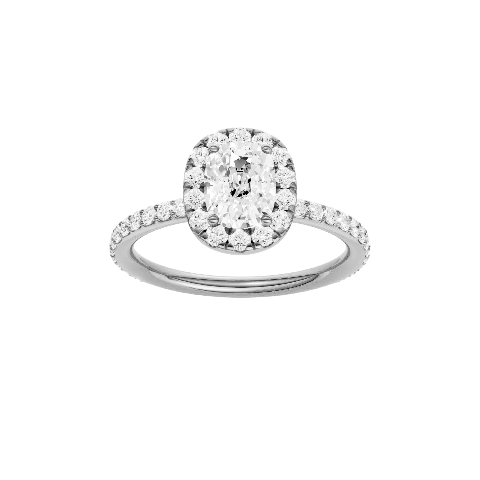 Elongated cushion-cut diamond engagement ring with a prong-set diamond band and halo setting.