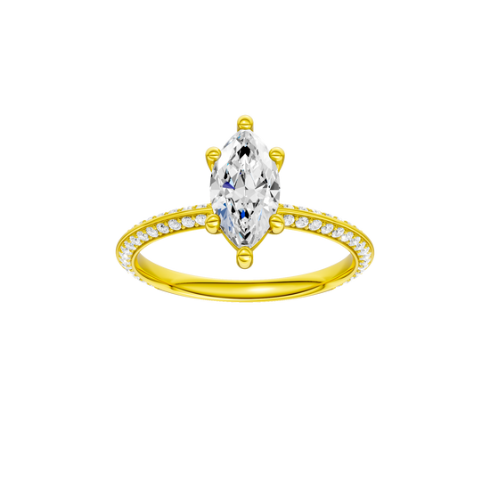 Marquise-cut diamond engagement ring with a prong-set diamond band and solitaire setting.