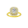 Radiant-cut diamond engagement ring with a plain band and double-halo setting.