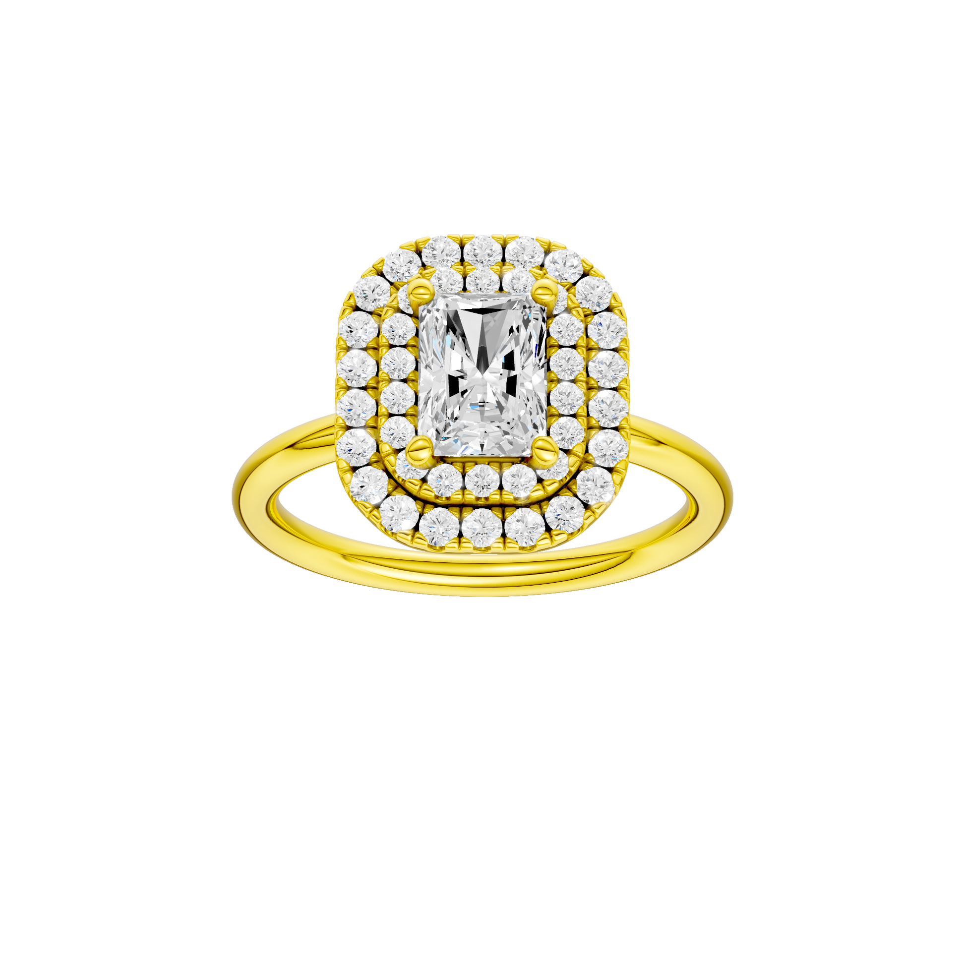 Radiant-cut diamond engagement ring with a plain band and double-halo setting.