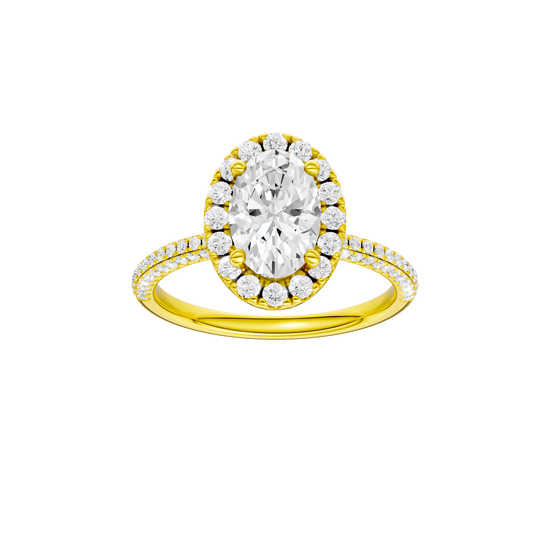 Oval-cut diamond engagement ring with a pavé-set diamond band and halo setting.