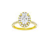 Oval-cut diamond engagement ring with a pavé-set diamond band and halo setting.