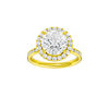 Round-cut diamond engagement ring with a channel-set diamond band and halo setting.