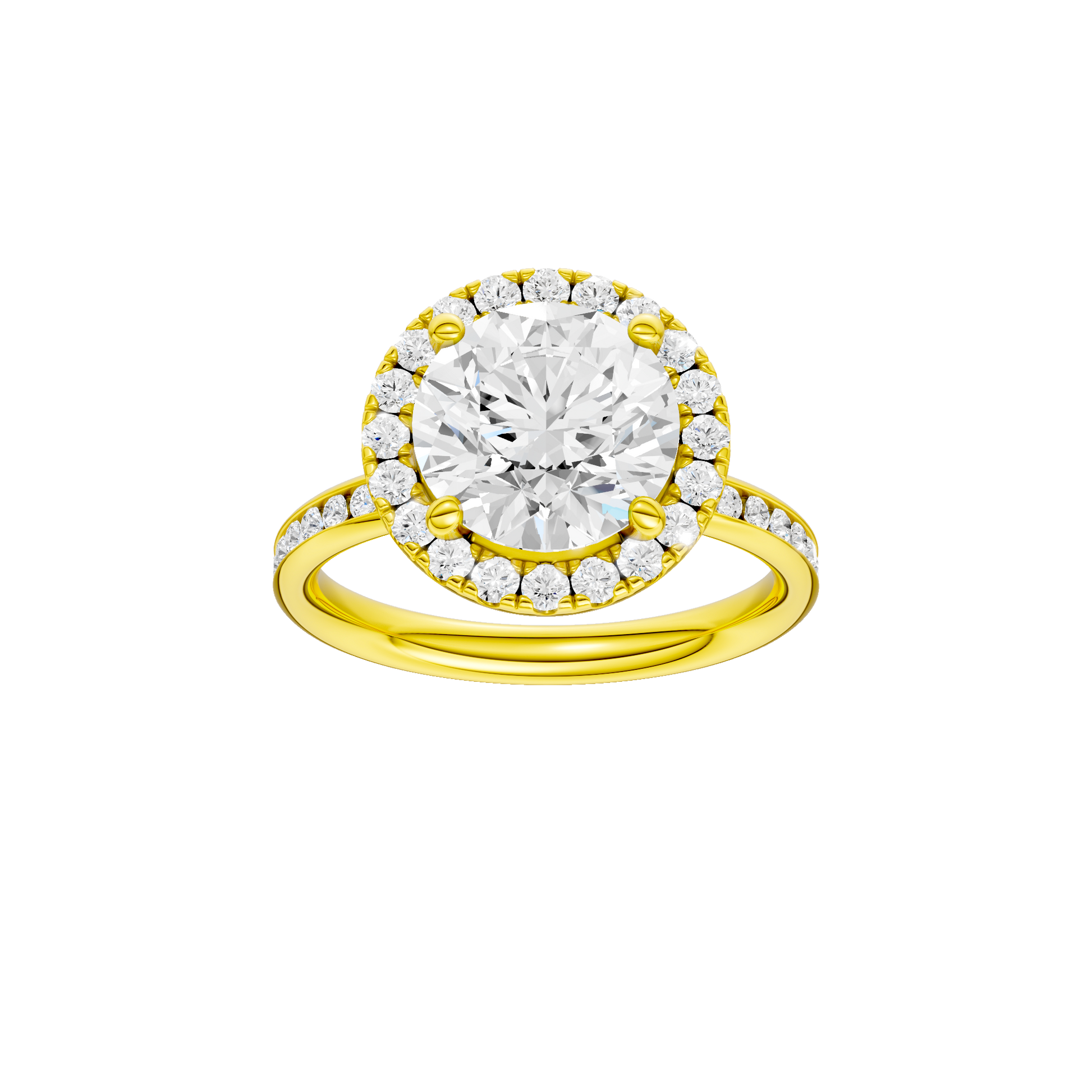 Round-cut diamond engagement ring with a channel-set diamond band and halo setting.