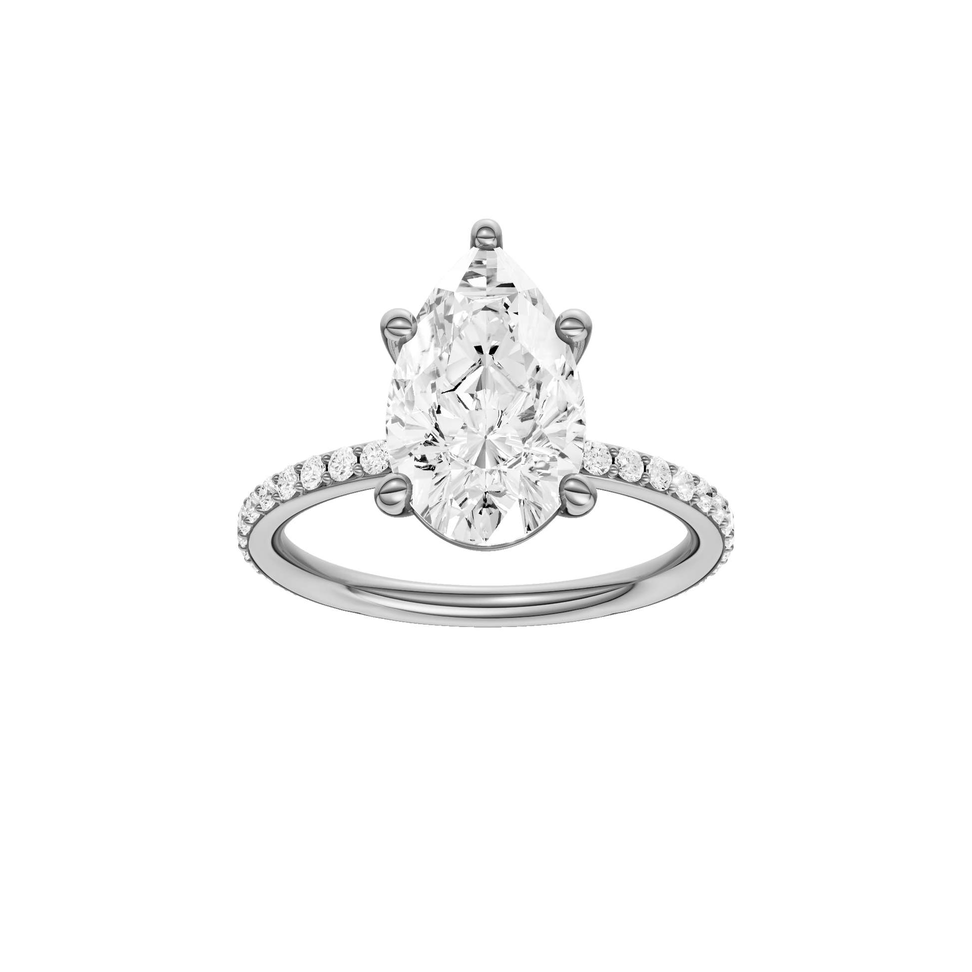 Pear-cut diamond engagement ring with a prong-set diamond band and solitaire setting.