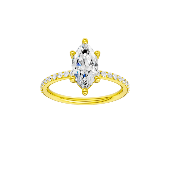 Marquise-cut diamond engagement ring with a prong-set diamond band and solitaire setting.