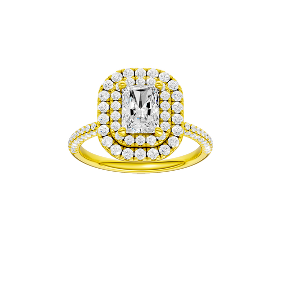Radiant-cut diamond engagement ring with a pavé-set diamond band and double-halo setting.