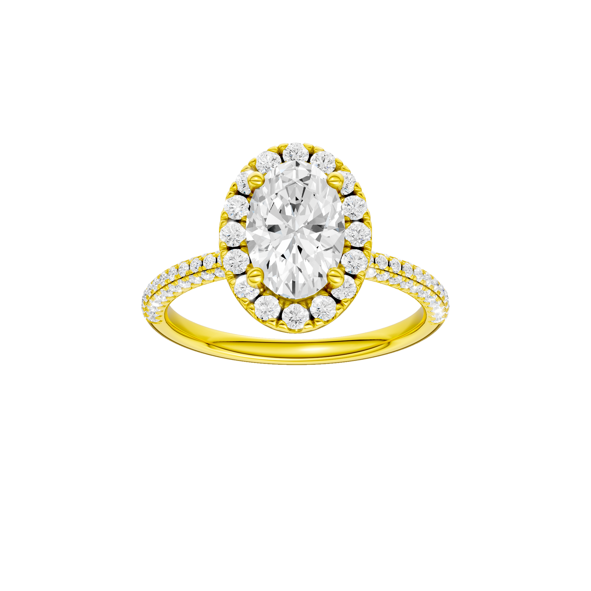 Oval-cut diamond engagement ring with a pavé-set diamond band and halo setting.