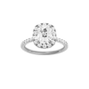 Elongated cushion-cut diamond engagement ring with a prong-set diamond band and halo setting.