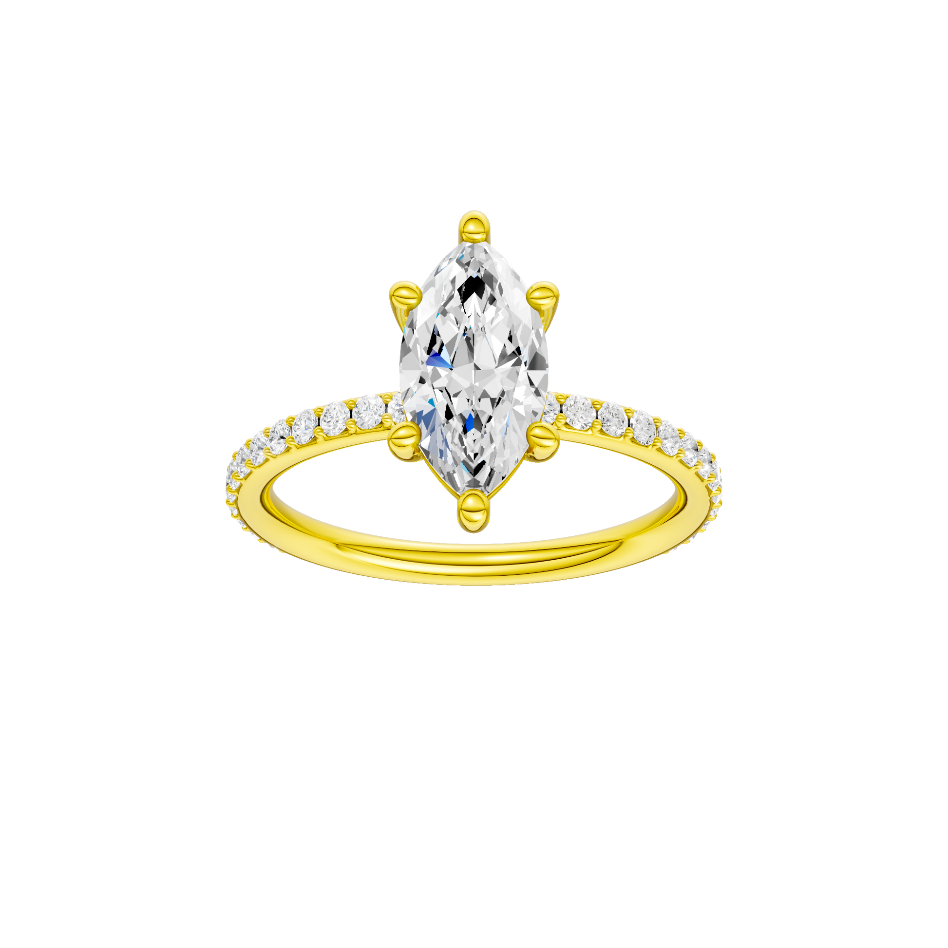 Marquise-cut diamond engagement ring with a prong-set diamond band and solitaire setting.
