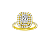 Radiant-cut diamond engagement ring with a pavé-set diamond band and double-halo setting.