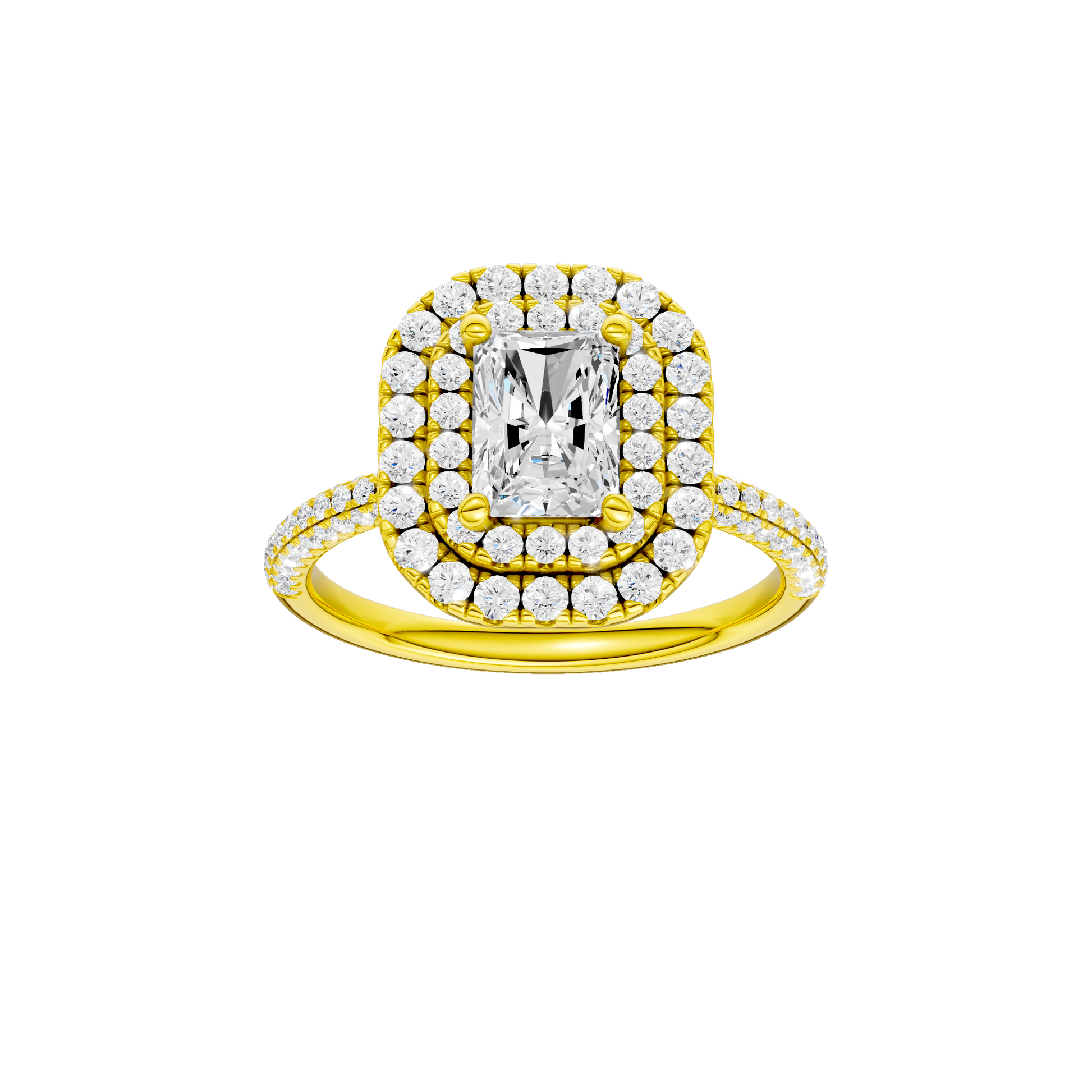 Radiant-cut diamond engagement ring with a pavé-set diamond band and double-halo setting.