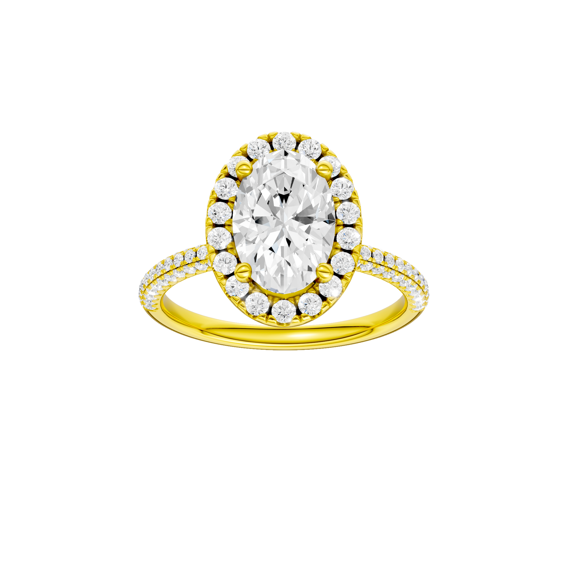 Oval-cut diamond engagement ring with a pavé-set diamond band and halo setting.