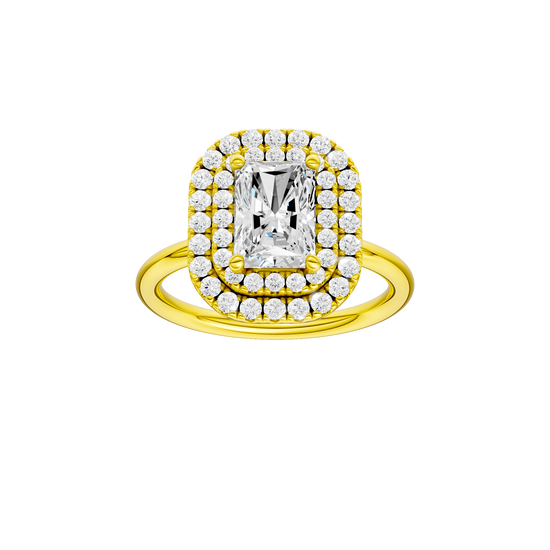 Radiant-cut diamond engagement ring with a plain band and double-halo setting.