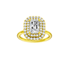 Radiant-cut diamond engagement ring with a plain band and double-halo setting.