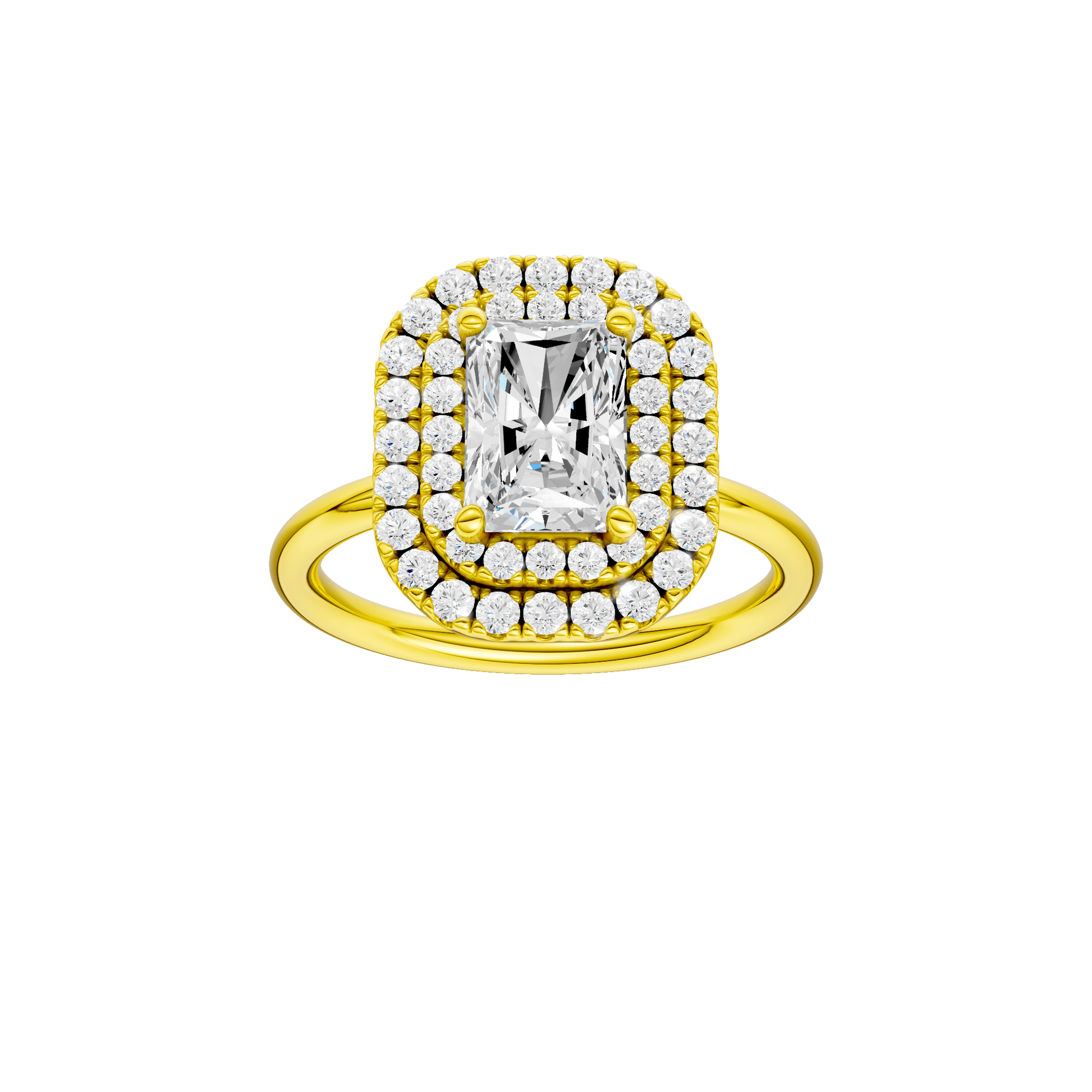 Radiant-cut diamond engagement ring with a plain band and double-halo setting.