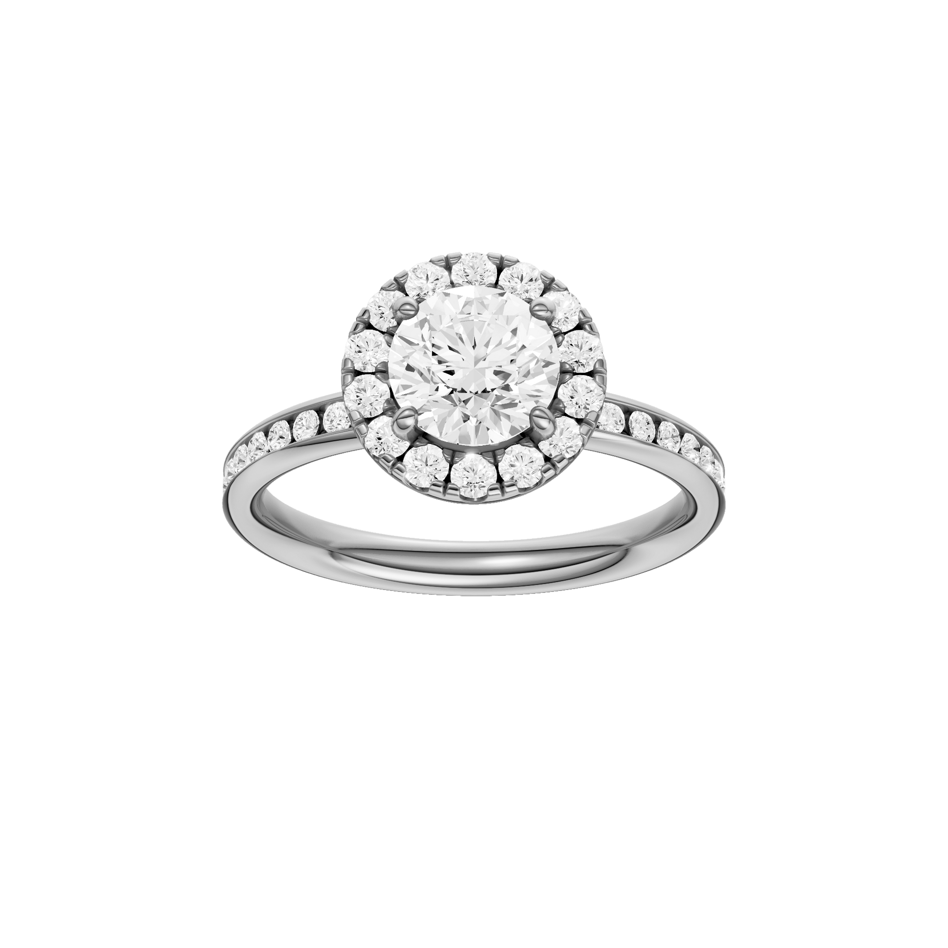 Round-cut diamond engagement ring with a channel-set diamond band and halo setting.