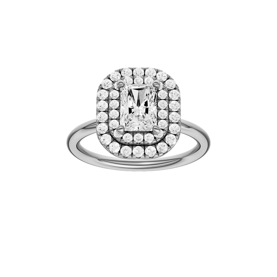 Radiant-cut diamond engagement ring with a plain band and double-halo setting.