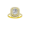 Radiant-cut diamond engagement ring with a pavé-set diamond band and double-halo setting.