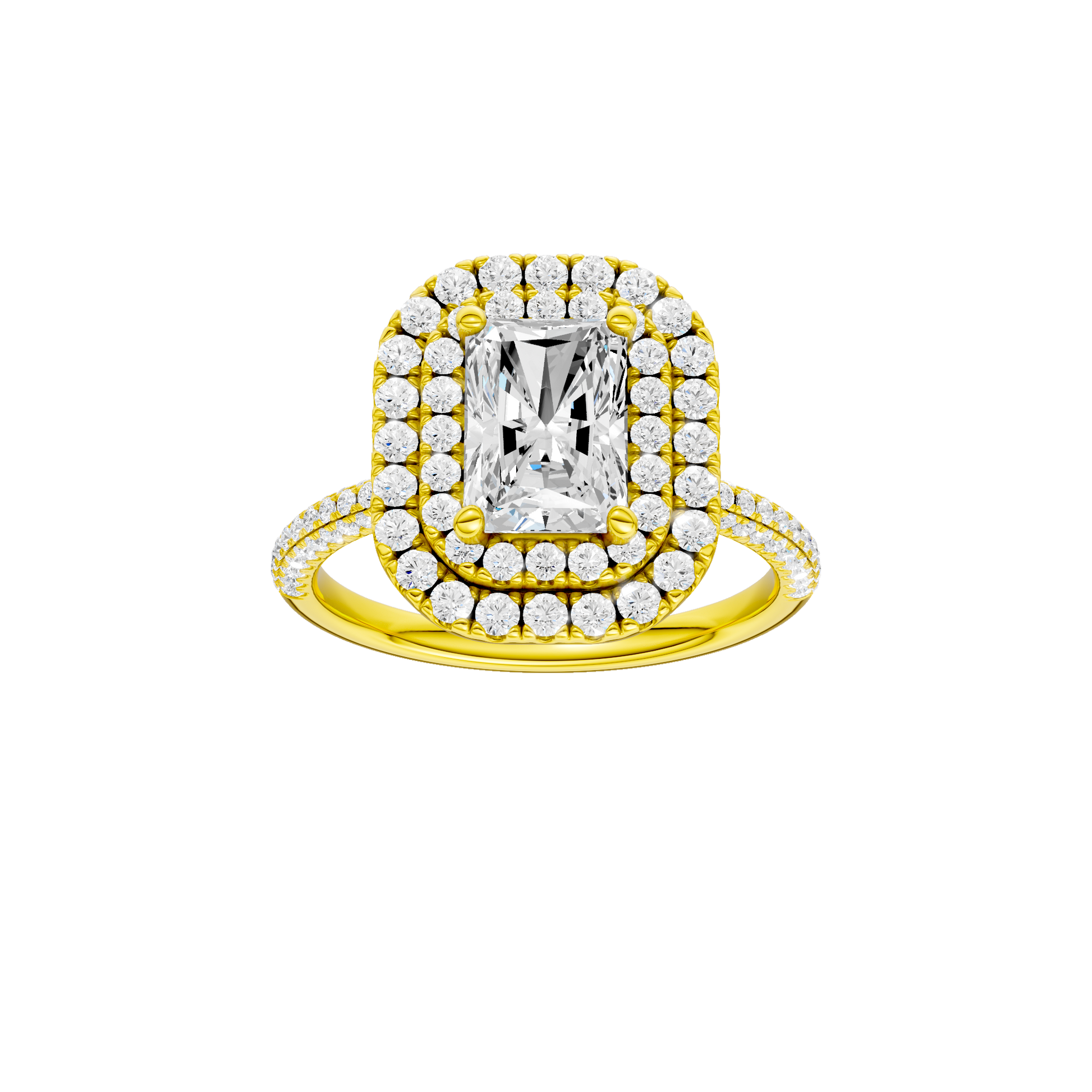 Radiant-cut diamond engagement ring with a pavé-set diamond band and double-halo setting.