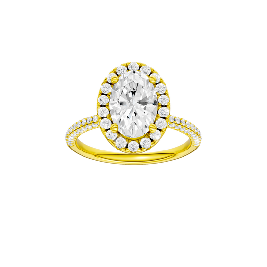 Oval-cut diamond engagement ring with a pavé-set diamond band and halo setting.