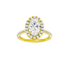 Oval-cut diamond engagement ring with a pavé-set diamond band and halo setting.