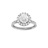 Round-cut diamond engagement ring with a channel-set diamond band and halo setting.
