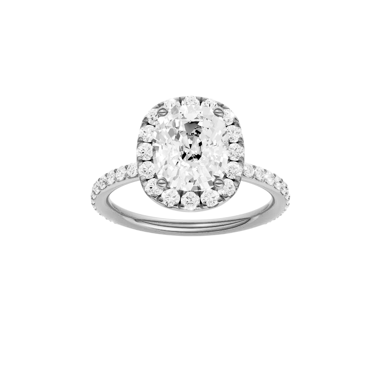 Elongated cushion-cut diamond engagement ring with a prong-set diamond band and halo setting.