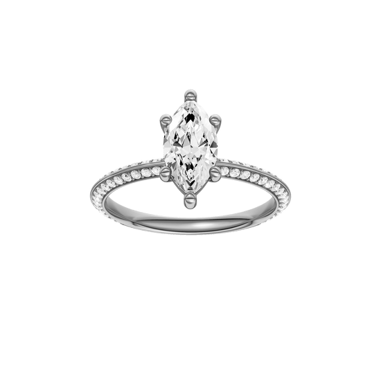 Marquise-cut diamond engagement ring with a prong-set diamond band and solitaire setting.