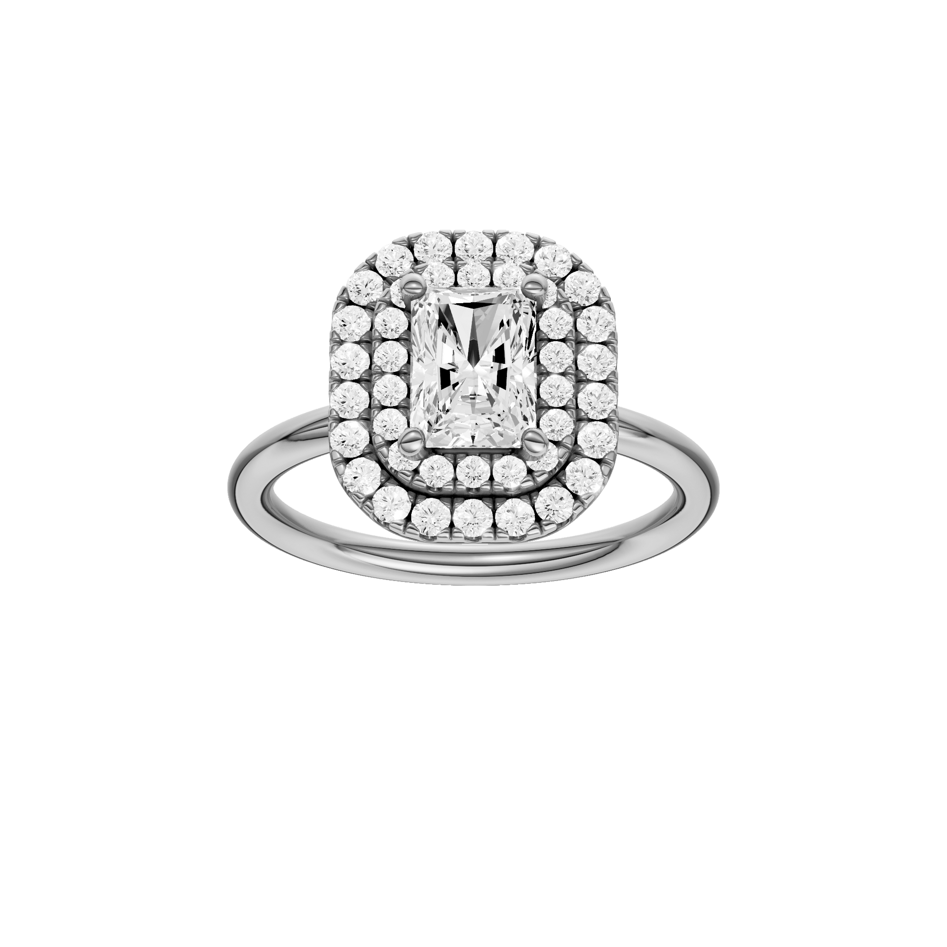 Radiant-cut diamond engagement ring with a plain band and double-halo setting.