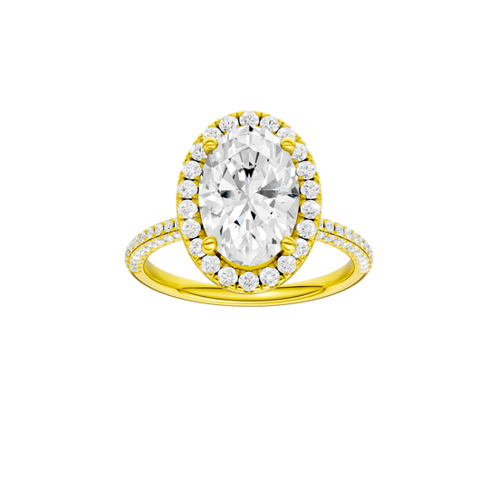 Oval-cut diamond engagement ring with a pavé-set diamond band and halo setting.