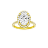 Oval-cut diamond engagement ring with a pavé-set diamond band and halo setting.
