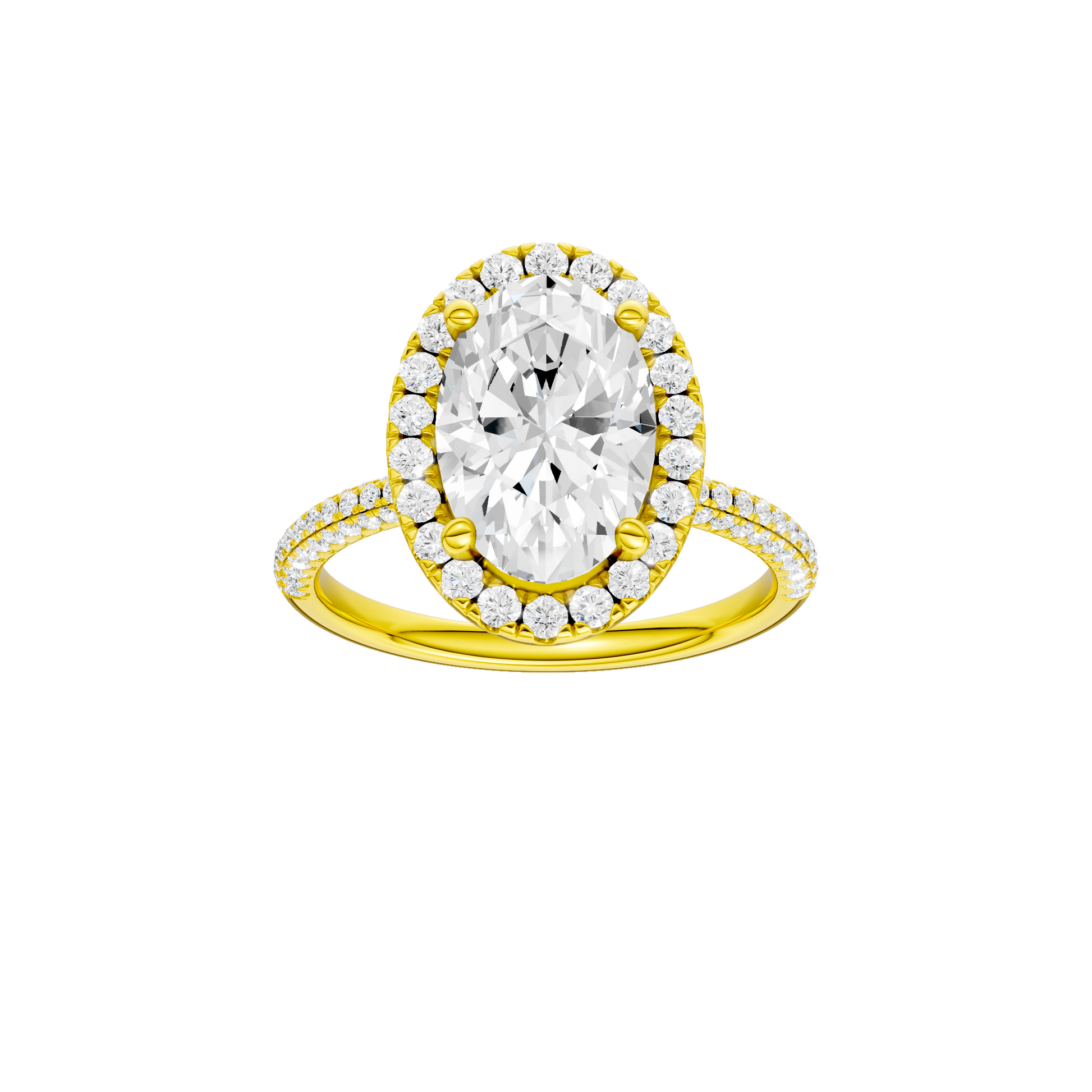Oval-cut diamond engagement ring with a pavé-set diamond band and halo setting.
