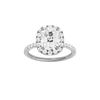 Elongated cushion-cut diamond engagement ring with a prong-set diamond band and halo setting.